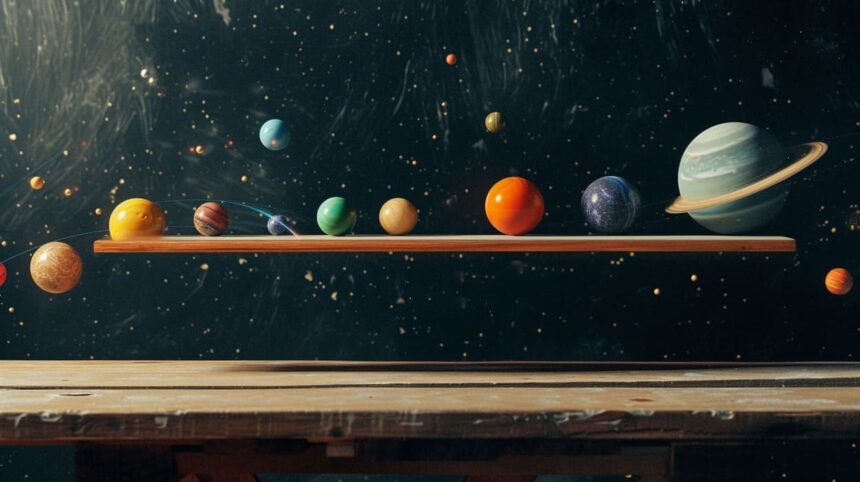 Solar system model with planets lined up on a wooden shelf against a starry background.