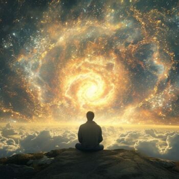 Person sitting on a rock above clouds meditating with a spiral galaxy backdrop