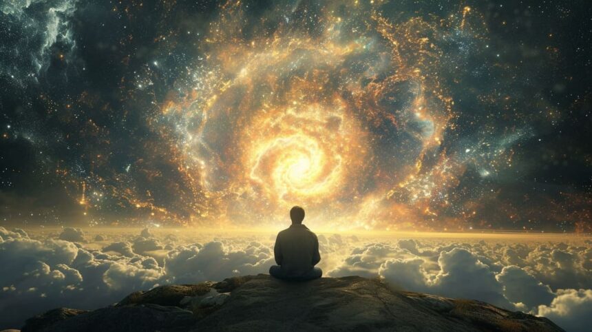 Person sitting on a rock above clouds meditating with a spiral galaxy backdrop