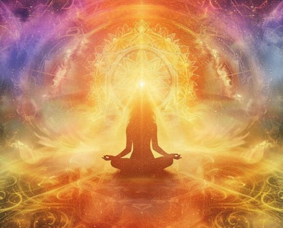 Meditation silhouette with cosmic energy aura and mandala background in vibrant colors.