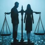 Silhouetted figurines of a man and woman on scales of justice in blue monochromatic light with sparkling background