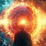 Silhouette of person with cosmic energy and light explosion in space background