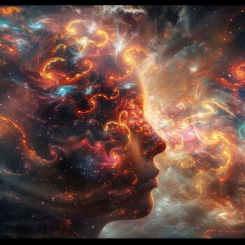 Surreal cosmic art of two faces blending into a vibrant galaxy with swirling stars and nebulae.