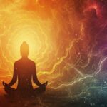 Silhouette of person meditating with colorful cosmic energy background