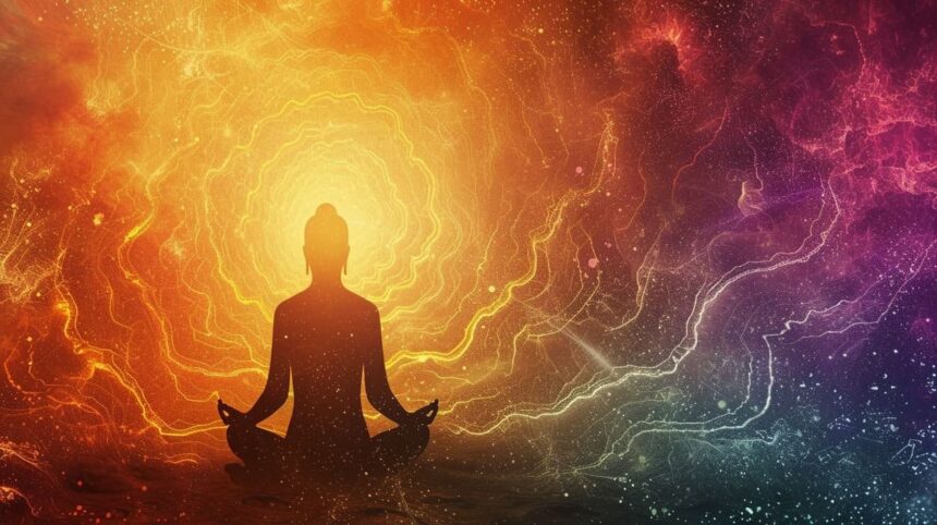 Silhouette of person meditating with colorful cosmic energy background
