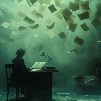 Person sitting at desk with flying papers in a mystical green-lit room