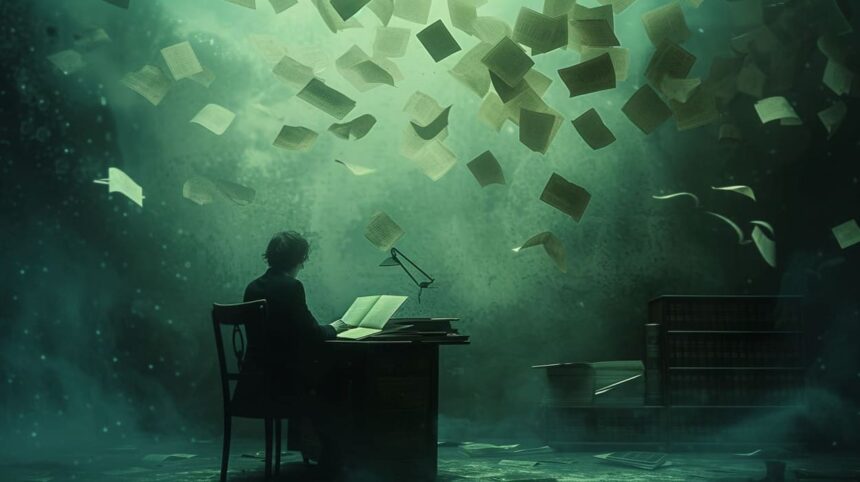 Person sitting at desk with flying papers in a mystical green-lit room