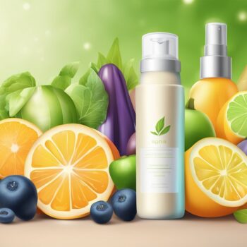 Natural skincare products with fresh fruits and vegetables background