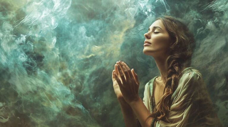 Woman in contemplative pose with hands together amidst ethereal smoke background