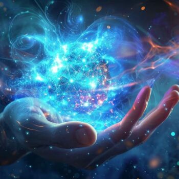 Hand holding cosmic energy with swirling galaxy and nebula lights.