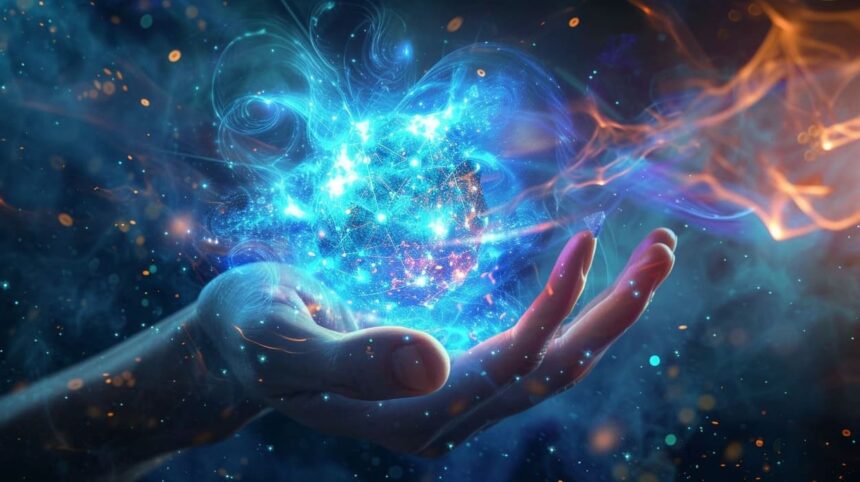 Hand holding cosmic energy with swirling galaxy and nebula lights.
