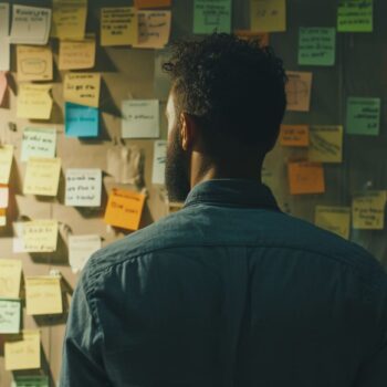 Rear view of a man looking at sticky notes on a brainstorming board in a dimly lit room