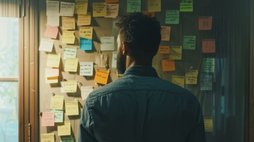 Rear view of a man looking at sticky notes on a brainstorming board in a dimly lit room