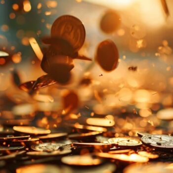 Coins raining down with bokeh effect in warm sunlight