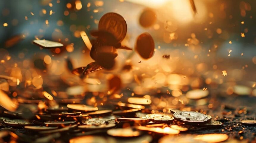 Coins raining down with bokeh effect in warm sunlight