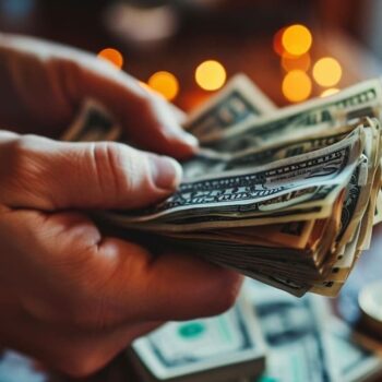 Close-up of hands holding a stack of US dollar bills with warm bokeh lights in the background.