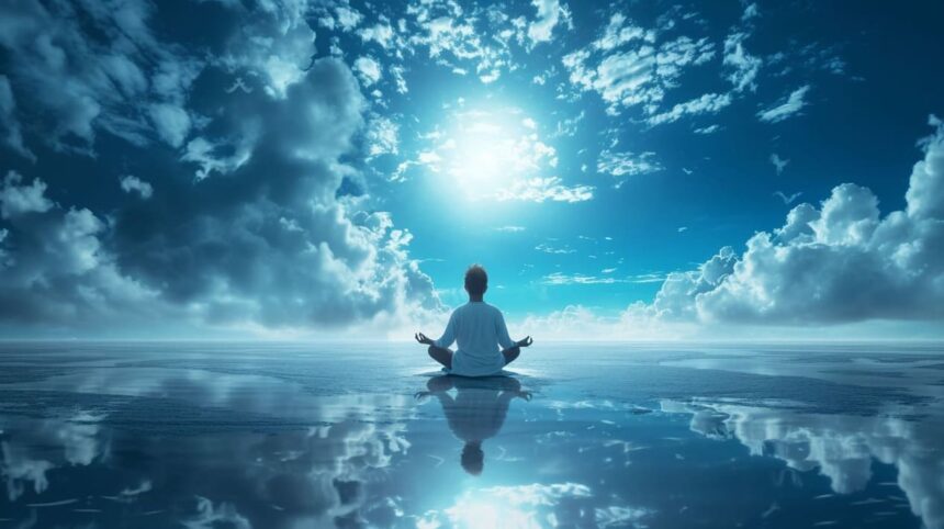 Person meditating in lotus pose on reflective water surface with serene blue sky and clouds background.