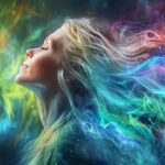 Woman with colorful hair blending into cosmic nebula background.