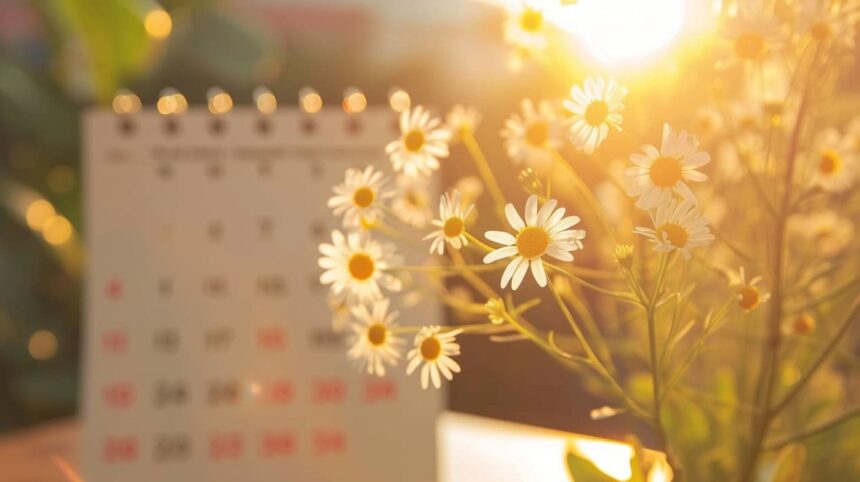 Daisy flowers in golden sunlight with blurred calendar in background indicating spring season.