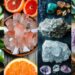 Variety of colorful healing crystals and gemstones including rose quartz, amethyst, celestine, and avocado with grapefruit on wooden and slate backgrounds for wellness and meditation.