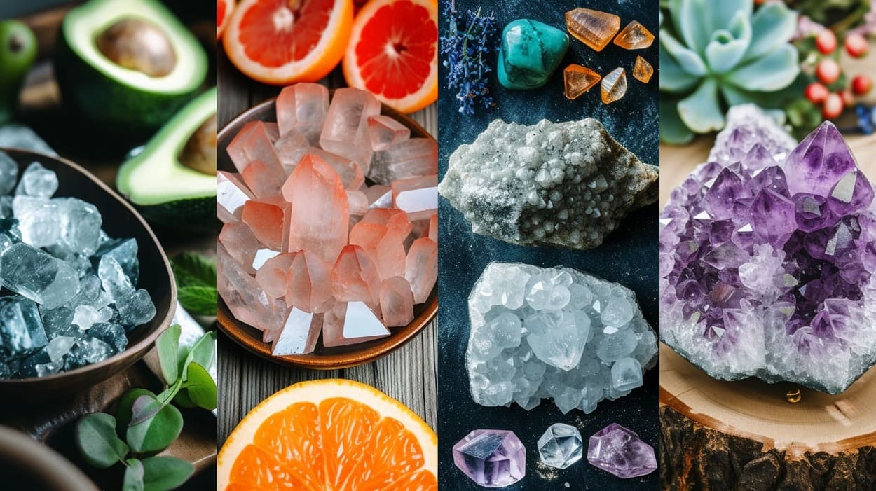 Variety of colorful healing crystals and gemstones including rose quartz, amethyst, celestine, and avocado with grapefruit on wooden and slate backgrounds for wellness and meditation.