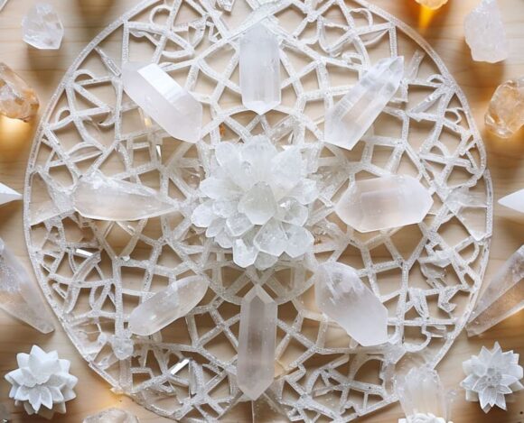 Intricate quartz crystal mandala with geometric patterns and crystal clusters on a wooden surface.