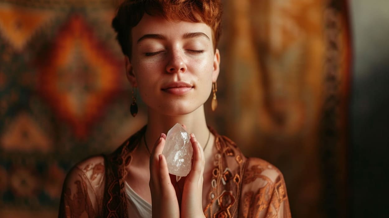 Woman practicing crystal healing meditation holding quartz in serene setting