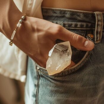 Person placing a large crystal in their denim jean pocket.