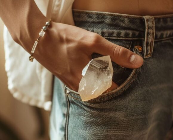 Person placing a large crystal in their denim jean pocket.