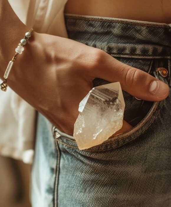 Person placing a large crystal in their denim jean pocket.