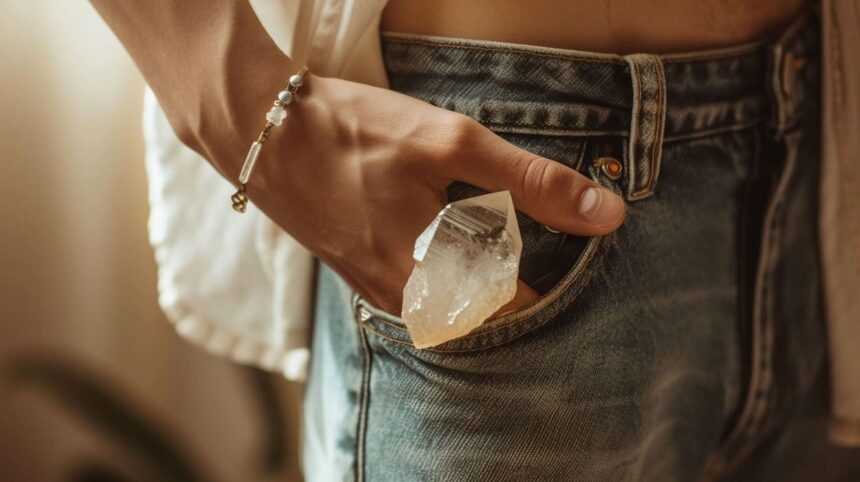 Person placing a large crystal in their denim jean pocket.