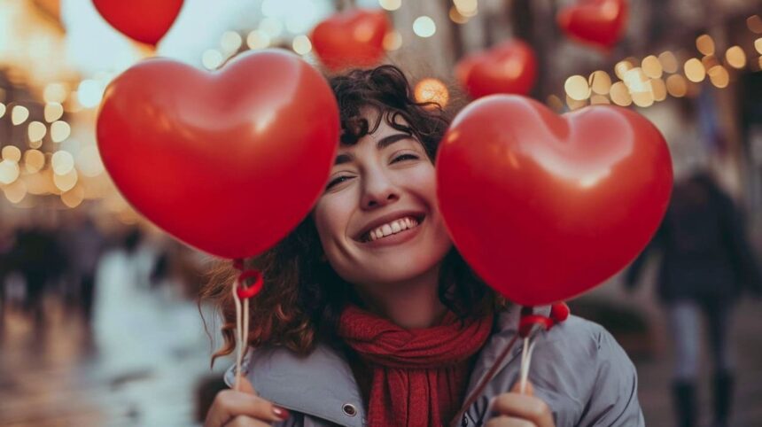 Happy woman holding heart-shaped balloons on Valentine's Day with blurred city lights background.