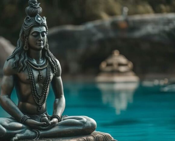 Serene statue of Lord Shiva meditating by tranquil blue water with serene nature background.