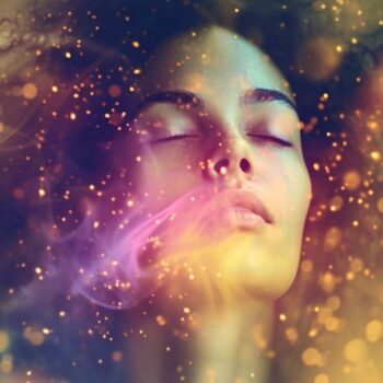 Woman meditating with cosmic energy and stars surrounding her, depicting a spiritual or dream state atmosphere.