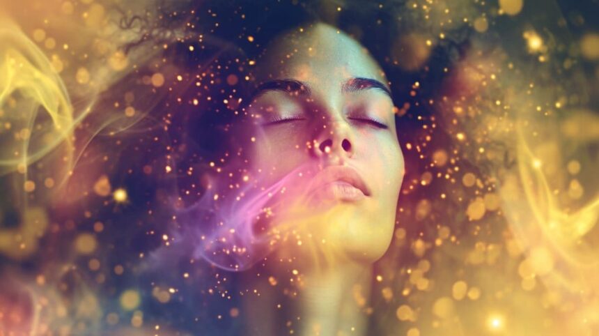 Woman meditating with cosmic energy and stars surrounding her, depicting a spiritual or dream state atmosphere.
