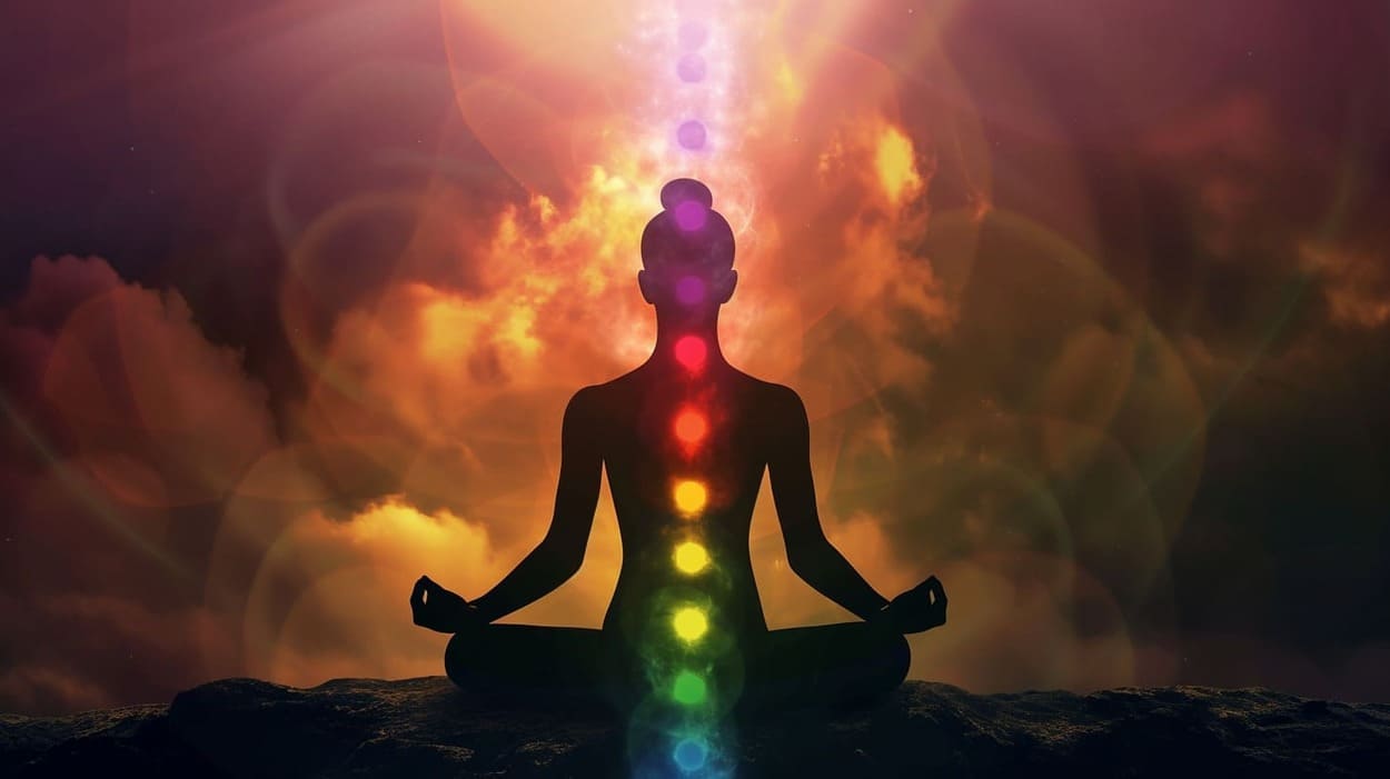 Silhouette of person meditating with chakras aligned against sunset sky