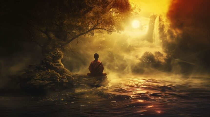 Person meditating by water with sunset and misty waterfall background