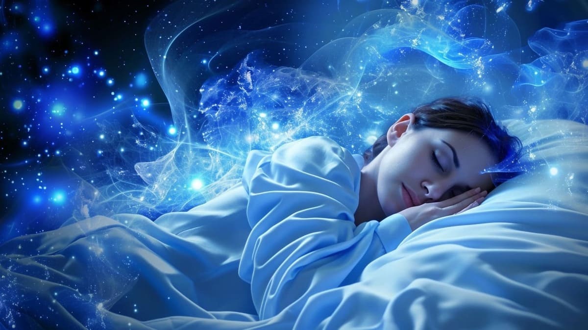 Woman sleeping peacefully surrounded by cosmic blue light and stars