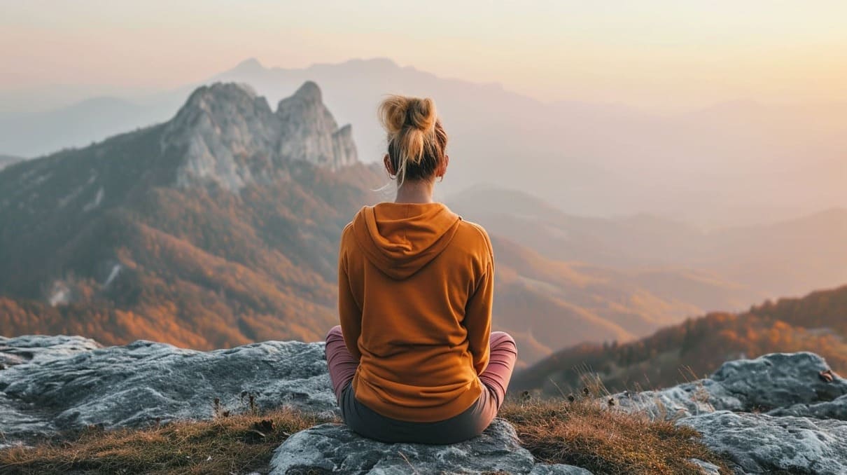 Woman sitting peacefully on a mountain peak at sunset enjoying tranquil nature scenery