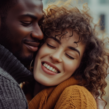 Happy interracial couple embracing in cozy sweaters outdoors