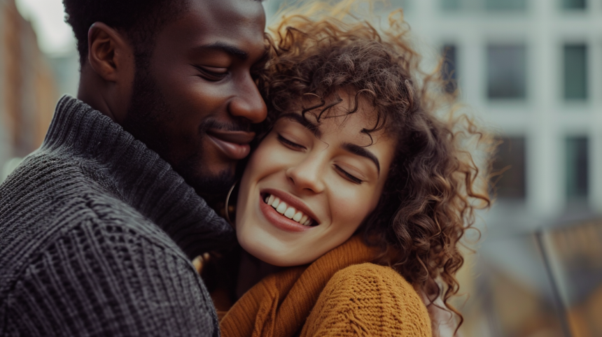 Happy interracial couple embracing in cozy sweaters outdoors