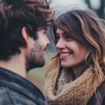 Happy couple sharing an intimate moment with loving eye contact outdoors