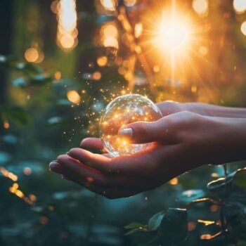 Magical glowing orb in hands with sunbeams and sparkling light particles in a mystical forest setting.