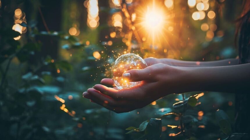 Magical glowing orb in hands with sunbeams and sparkling light particles in a mystical forest setting.