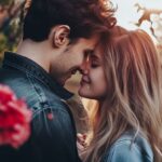 Romantic couple forehead to forehead in a rose garden at sunset
