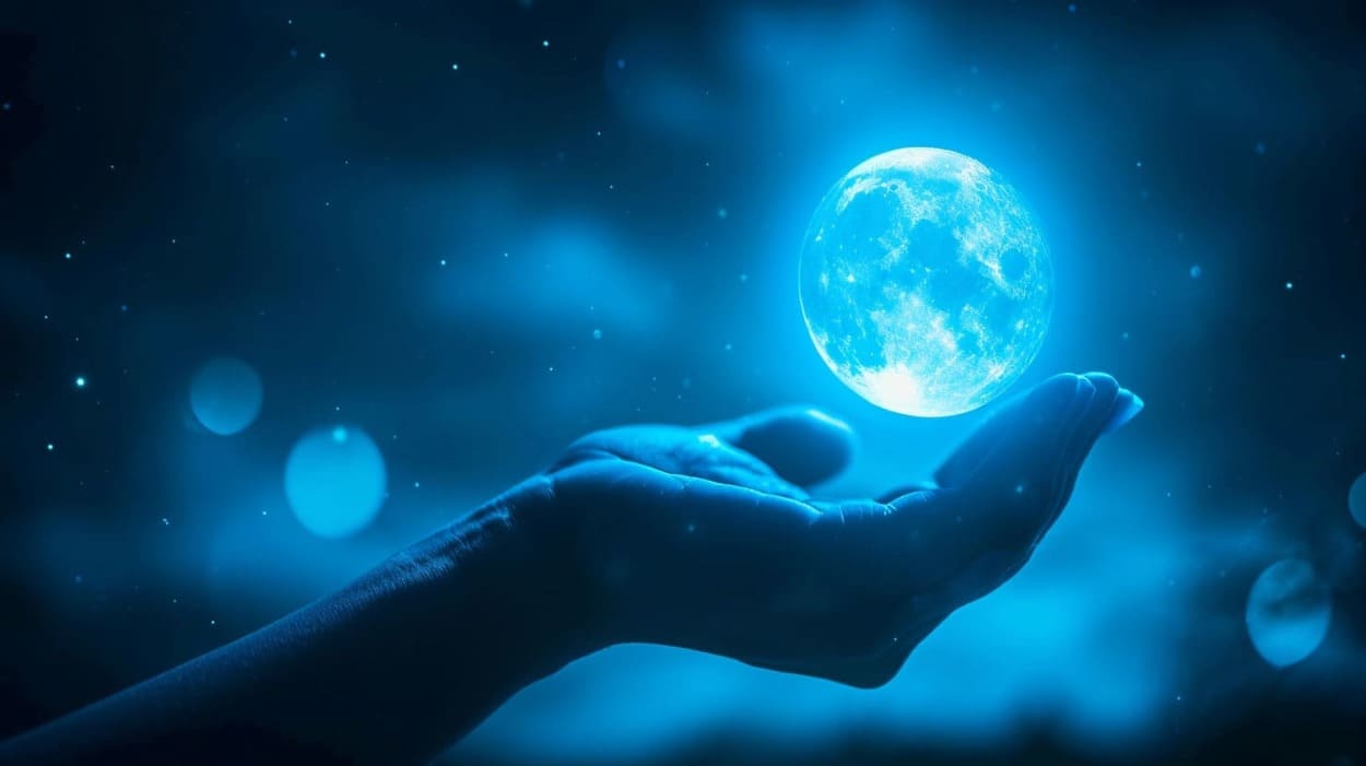 Hand holding glowing moon illusion against a starry night sky background.