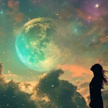 Woman silhouette gazing at large green moon in starry night sky with colorful clouds.