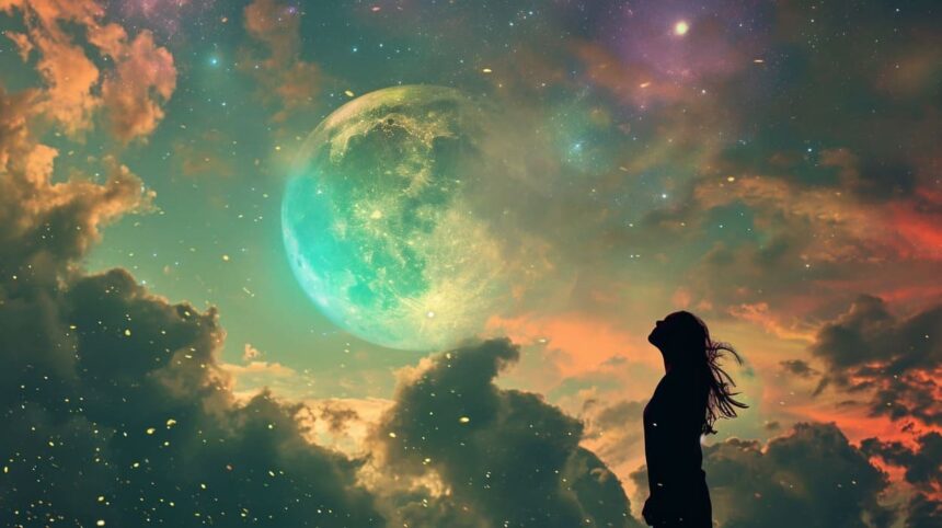 Woman silhouette gazing at large green moon in starry night sky with colorful clouds.