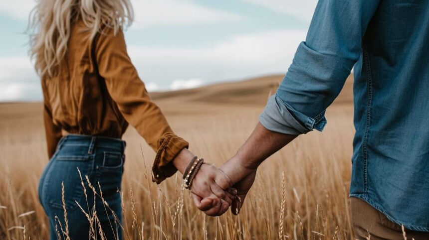 Couple holding hands in a golden wheat field with a blurred background