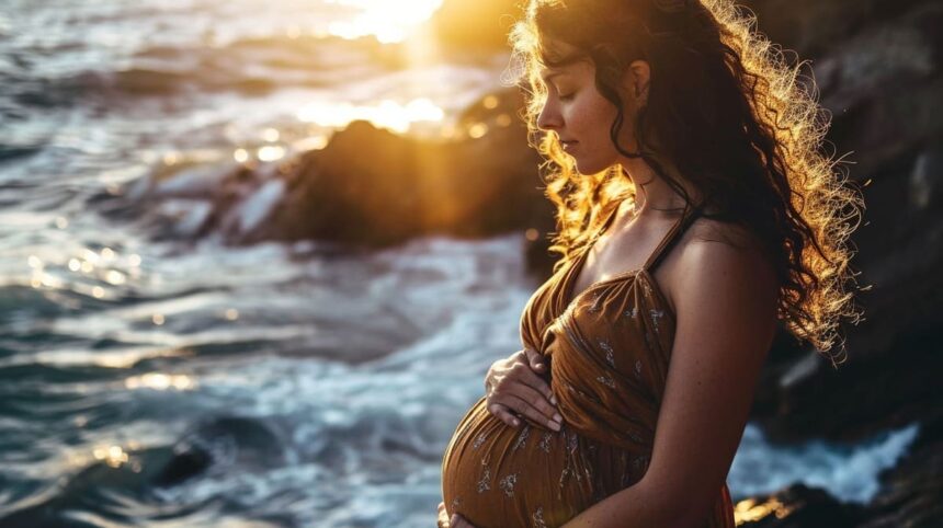 Pregnant woman standing by the sea at sunset, cradling her belly with waves crashing in the background.